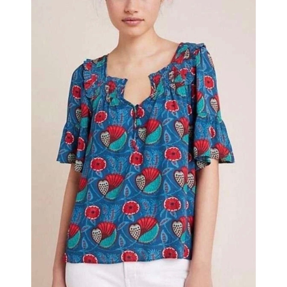 Maeve Letitia Blouse Blue Floral Smocked Boho Excellent Anthropologie